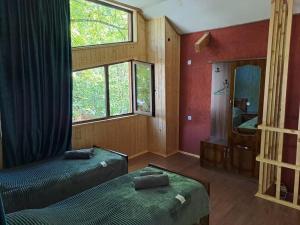 a bedroom with two beds and a large window at Villa Maxi Likani in Borjomi