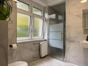 a bathroom with a shower and a toilet and windows at Cozy Nest Eden- Apartment in Golčŭv Jeníkov