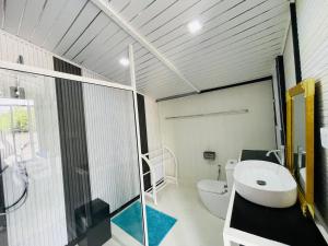 a bathroom with a toilet and a sink and a shower at Feyola`s Leaf in Pelena