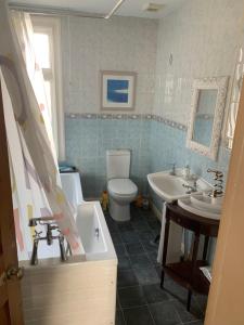 a bathroom with a toilet and a tub and a sink at Burton Down Town Apartment in Burton upon Trent +18 photos