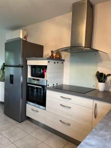 a kitchen with a stove and a refrigerator at GITE DE 6 A 14 PERSONNES Chez Léontine in Lacave