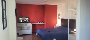 - une chambre avec des murs rouges, un lit et une télévision dans l'établissement Departamento Plaza San Martín, à Córdoba