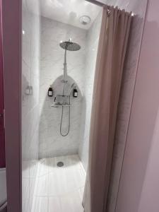 a shower with a shower curtain in a bathroom at GITE DE 6 A 14 PERSONNES Chez Léontine in Lacave +29 photos