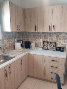 a kitchen with wooden cabinets and a sink at Santa Marina 9 In the center of Ioannina! in Ioannina +11 photos