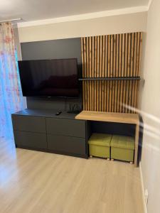 een woonkamer met een flatscreen-tv op een entertainmentcentrum bij Apartament Str Crinului Cluj in Cluj-Napoca +2 foto's