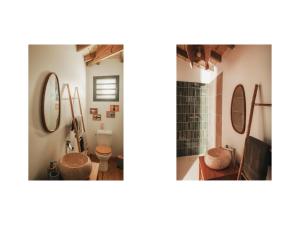 a bathroom with a shower and a toilet and mirrors at Les pilotis in Courcelles Sucrerie