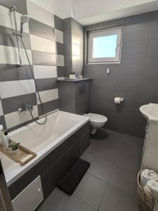 a bathroom with a tub and a toilet and a sink at Quantum Apartament 22 in Craiova