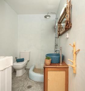 a bathroom with a toilet and a shower and a sink at Imellos in Apeiranthos +30 photos