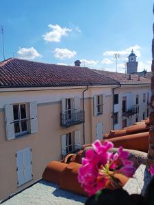 un fiore rosa in cima a un edificio di La Mansardina di Sabrina a Busca