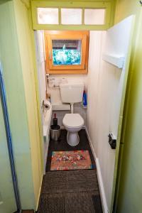 a small bathroom with a toilet and a rug at Romantic Alpine Farmhouse with Superview of Lake Near Interlaken in Sundlauenen