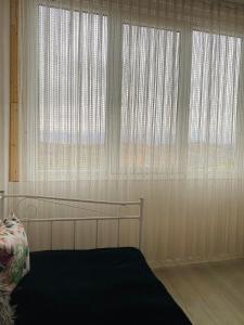 a bedroom with a bed and two large windows at Panorama Lupilor in Coleşti