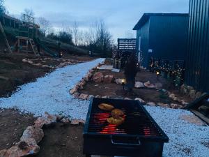 a grill with food cooking on it in a yard at Panorama Lupilor in Coleşti