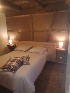 a bed with two pillows and two lamps onlishes sidx sidx sidx at Gite de traditions et charme Chez Montze in Hoerdt