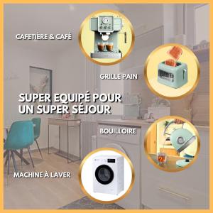 a collage of pictures of a sewing machine at L'Oiseau du paradis, entre gare et centre ville, rez-de-chaussée, avec terrasse et parking privé in Moulins