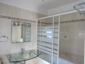 a bathroom with a glass sink and a shower at Hôtel du Square d'Anvers in Paris