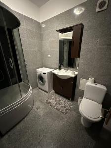 y baño con lavamanos y lavadora. en Studio Central Ro1, en Râmnicu Vâlcea