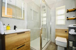 a bathroom with a shower and a sink and a toilet at Luxury Two Bed Suite - Walk To Trentham Gardens! in Stoke on Trent +8 photos