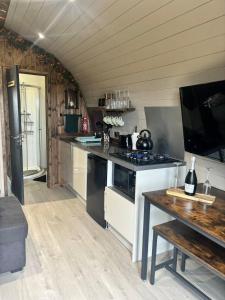 eine Küche mit Herd und Arbeitsplatte in der Unterkunft Standen Lodge - Glamping Pods with hot tub - Mablethorpe in Mablethorpe