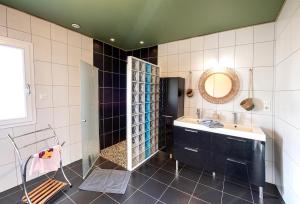 a bathroom with a sink and a mirror at Gîte Le repaire du faon-4 étoiles-12 pers-filet mezzanine-lit cabane in Plainfaing +51 photos