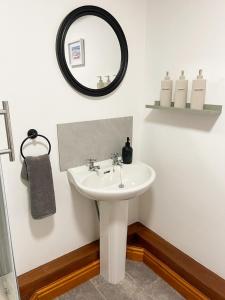 ein Badezimmer mit Waschbecken und Spiegel in der Unterkunft Hadrians Retreat, Cosy 1 Bed Flat - near M6 Jct45, A75, Gretna & Carlisle in Longtown + 18 Fotos