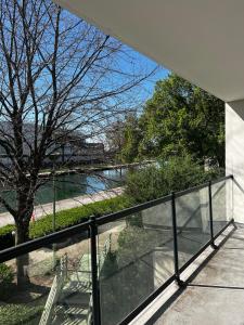 ein Glasgeländer auf einem Balkon mit einem Baum in der Unterkunft Quiet and Spacious 2BR And Salon Terrasse Parking in Saint-Denis