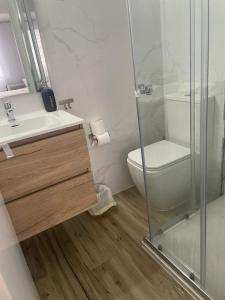 Un baño con inodoro y ducha de cristal. en La mesa del cocinero, en Lugo