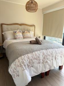 ein Schlafzimmer mit einem großen Bett mit weißen Laken und Kissen in der Unterkunft Acogedor Departamento en pleno centro de Antofagasta, hasta 4 personas, 1D 1B 1 sofá cama in Antofagasta