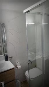 Un baño con inodoro y ducha de cristal. en La mesa del cocinero, en Lugo