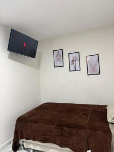 ein Schlafzimmer mit einem Bett und einem Flachbildfernseher an der Wand in der Unterkunft Pousada Vista da Serra, há 3min do Hospital Angelina Caron in Campina Grande do Sul