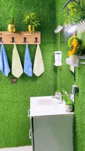een badkamer met een wastafel en een groene muur bij Modern Stay in Nouakchott