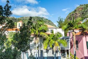 ein Gebäude mit Palmen vor einem Berg in der Unterkunft Visconde Apartment in Ribeira Brava