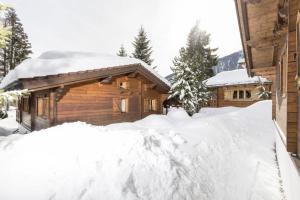 a pile of snow in front of a log cabin at Alpen-Chalets Achensee in Häusern