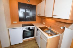 Una pequeña cocina con gabinetes blancos y un fregadero. en Appartement Ziller, en Thurmbach