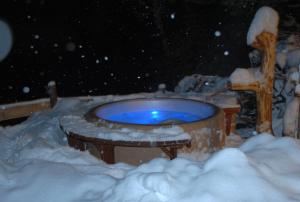 a snow covered bath tub with a blue pool at Loimoarhütte in Bischofshofen