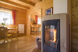 HäusernにあるAchenseer Hüttendörflの木造住宅のリビングルーム(暖炉付)