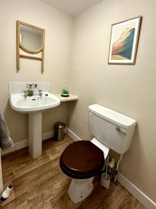 a bathroom with a toilet and a sink at Cosy Cottage on the Whisky Trail in Haugh of Glass +7 photos