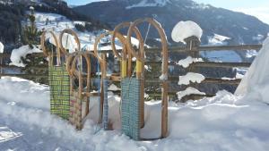 Una hilera de esquís en la nieve junto a una valla en Grasreithütte, en Schied