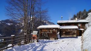una cabaña de troncos con nieve en el techo en Grasreithütte, en Schied