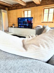 a living room with a couch and a tv at Neu Daserbhaus in Großschönau