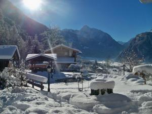 a house covered in snow with mountains in the background at Bergchalet Klausner Edelweiß in Ramsberg