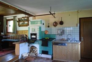 a kitchen with a stove top oven in a room at Koflerhäusl in Aigen