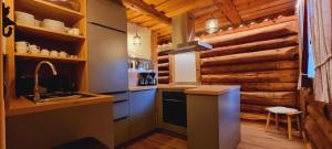 a kitchen with wooden walls and a sink and a stove at Faschinghütte in Mühlbach am Hochkönig