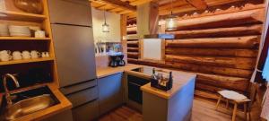 a kitchen in a log cabin with a sink at Faschinghütte in Mühlbach am Hochkönig +14 photos