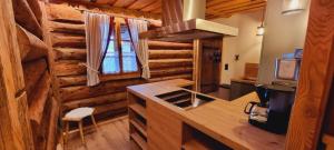 a kitchen in a log cabin with a stove and a tv at Faschinghütte in Mühlbach am Hochkönig