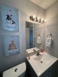 达拉斯1 DT Dallas l FIFA WORLD CUP READY l 5 Min from Downtown的浴室里有洗手池、马桶和镜子。