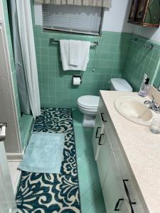 a green bathroom with a toilet and a sink at Lakefront Getaway in Lone Oak +15 photos