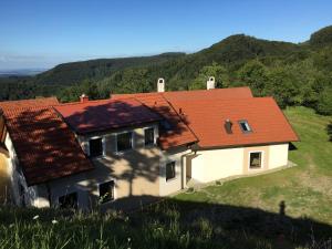 dom z czerwonym dachem na wzgórzu w obiekcie Ferienhaus Hochbrand w mieście Rabenstein
