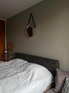 a bedroom with a bed and a mirror on the wall at Prishtina Center Apartment in Pristina