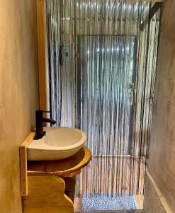 a bathroom with a sink and a shower at EB5 Escape Tzununa, Lake Atitlan Room #1 - two minute walk to the Lake in Santa Cruz La Laguna