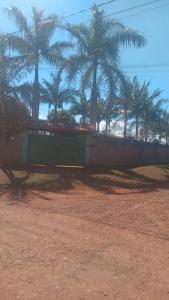 a train on a track with palm trees in the background at Sítio das Palmeiras in Boituva